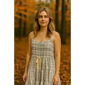 Get Primped Striped 100% Cotton Tiered Mini Dress Olive Green White  Small